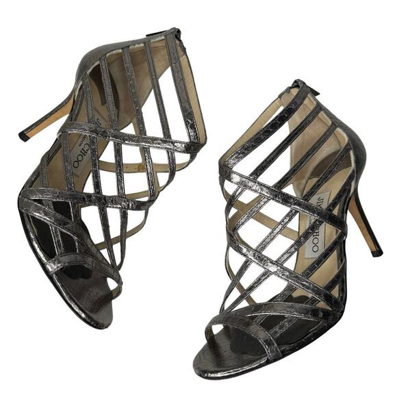 Jimmy Choo Cage Strappy Silver Snake Print Heels 36 - Picture 1 of 12